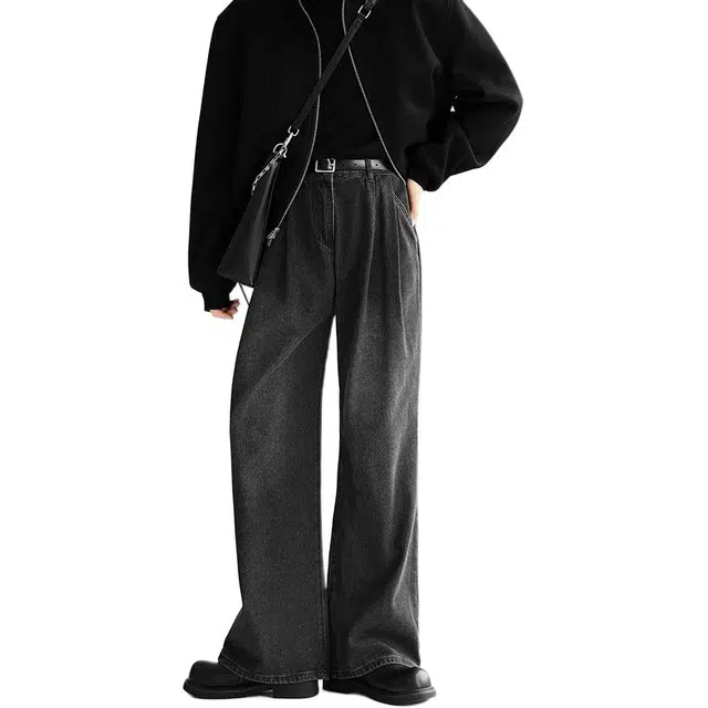 地界二 美式高街复古水洗褶皱宽松垂感潮牌直筒休闲阔腿拖地裤水洗褶皱宽松潮流中腰长裤牛仔裤 男款