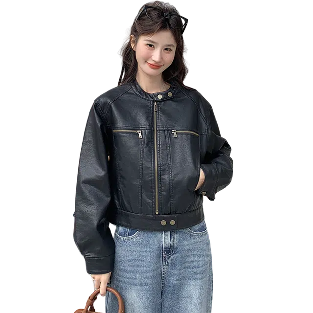 稻草人 韩版机车时尚气质皮衣 女款