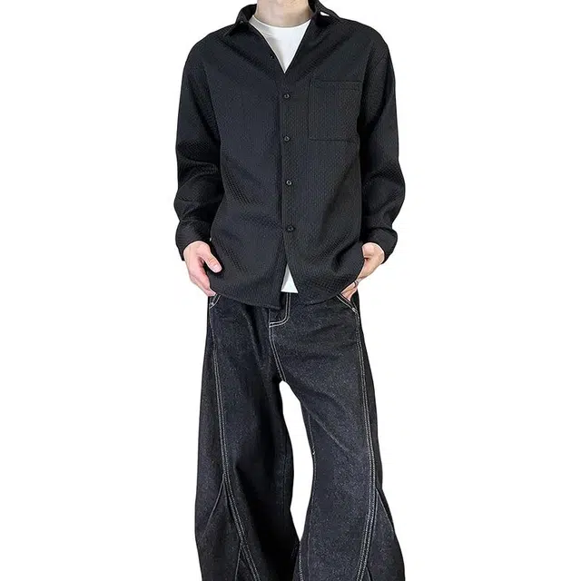 拓菲 少年感穿搭休闲华夫格纯色高级感长袖衬衣外套春季百搭衬衫男 男女同款