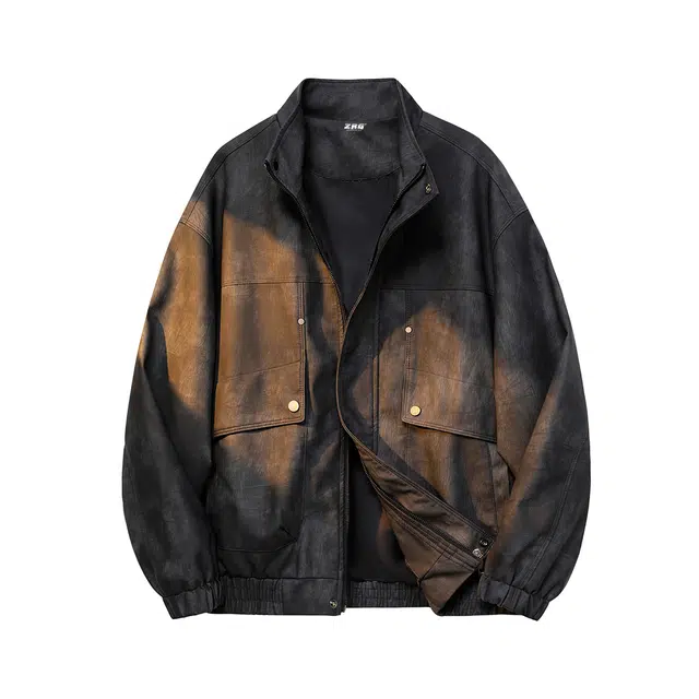 梓润格 复古渐变皮衣工装大口袋时尚潮流宽松藏肉青春感户外运动挡风无性别主义百搭暗调酷帅硬核时髦立领休闲夹克 男女同款