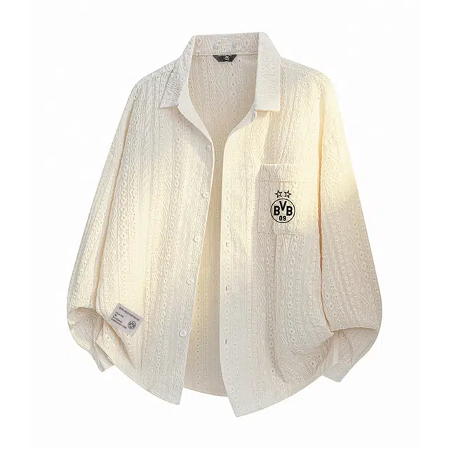 普鲁士多特蒙德 美式复古高街风纯色慵懒风小众衬衣队徽字母印花镂空设计感提花痞帅潮牌宽松长袖翻领衬衫 男女同款