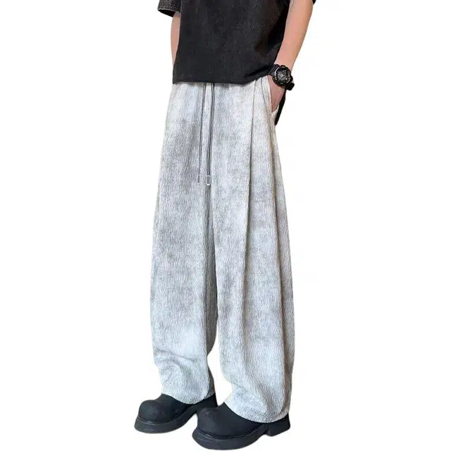 大格子与黑猫 春秋扎染男士树皮纹垂感美式宽松直筒潮流阔腿高端长裤子休闲裤 男款