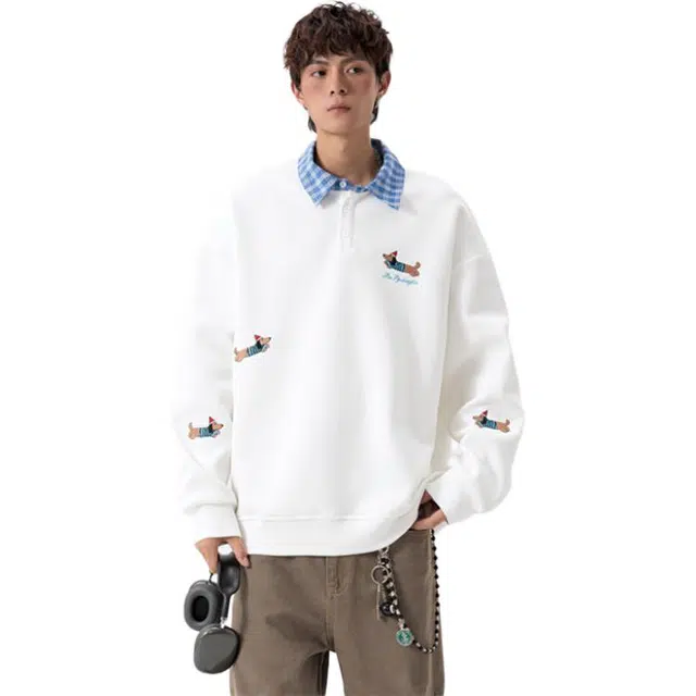 顶峰保罗 美式腊肠狗假两件卡通宽松休闲大码上衣外套无性别主义情侣款舒适百搭潮流翻领卫衣 男女同款