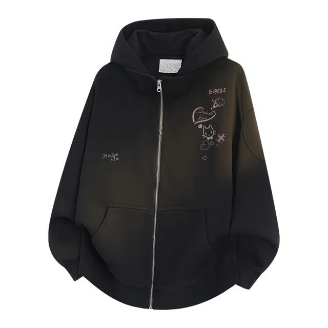 金贝勒 手绘卡通字母印花潮流无性别主义宽松休闲百搭连帽开衫卫衣 男女同款