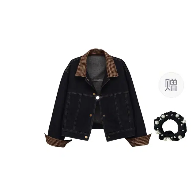 雾闪闪 翻领格子拼接短款女小个子夹克上衣牛仔外套 女款