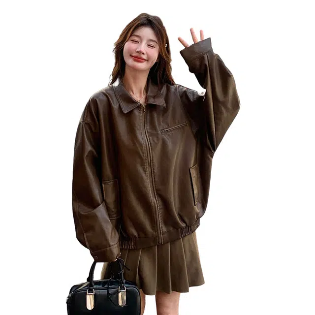 稻草人 简约舒适百搭复古纯色翻领皮衣 女款