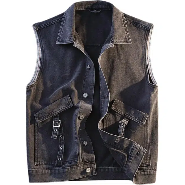 百胜狐 春秋季牛仔工装翻领时尚潮牌复古褂子外套马甲 男款