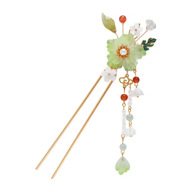 聆听花开 古风汉服清新绿色盘古装旗袍国风精致优雅气质步摇流苏花朵 合金 发簪 女款