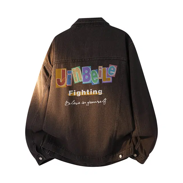 金贝勒 美式高街复古水洗做旧彩色字母印花慵懒学院风潮流痞帅无性别主义宽松休闲百搭牛仔外套 男女同款