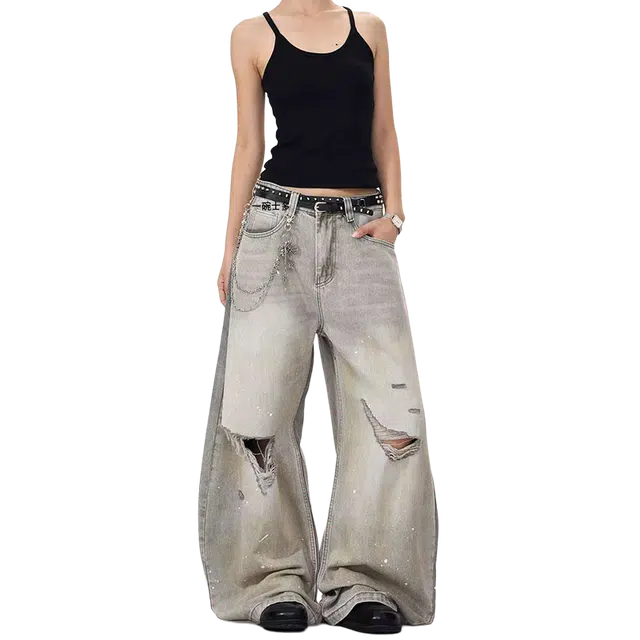 一碗士多 泼墨破洞水洗做旧美式高街嘻哈时尚设计感潮流宽松显高日常百搭氛围感穿搭拖地长裤牛仔裤 男女同款