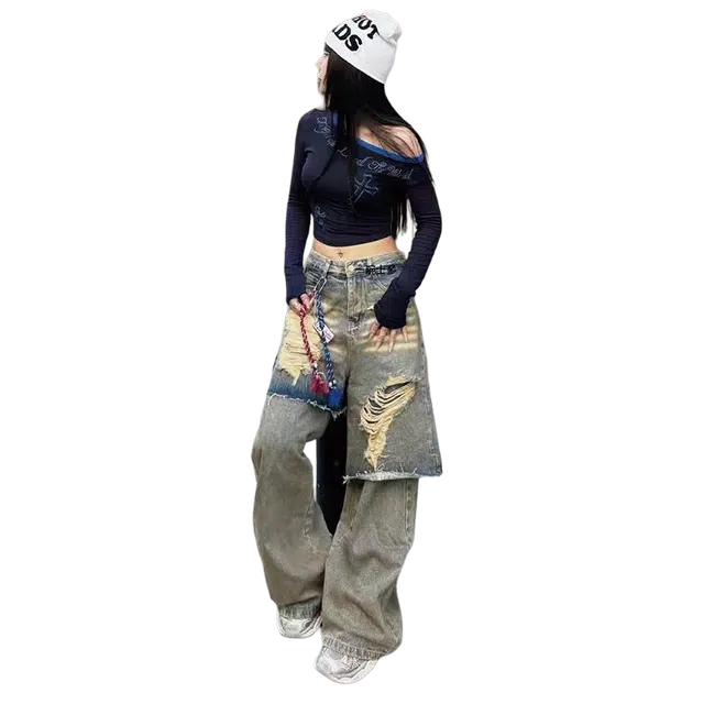 一碗士多 破洞假两件猫须水洗做旧磨白拖地美式高街潮流痞帅时尚炸街流行废土风设计感小众重工牛仔裤 男女同款