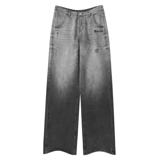 普鲁士多特蒙德 美式复古通勤水洗做旧个性高街长裤宽松直筒舒适阔腿休闲渐变设计牛仔裤 男女同款