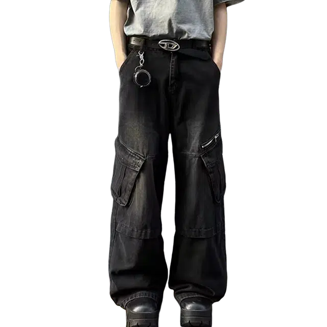 一碗士多 美式复古高街小众百搭基础款做旧水洗舒适亲肤宽松阔腿直筒裤子运动户外通勤废土风多口袋设计牛仔裤 男女同款