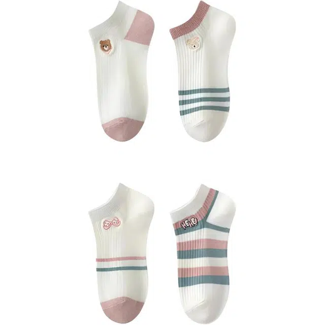 妮轻 纯棉网眼透气条纹甜美短袜 女款