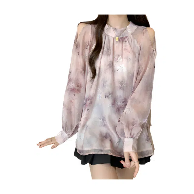 荟萃阁 露肩立领后背蝴蝶结泡泡袖碎花长袖衬衫 女款