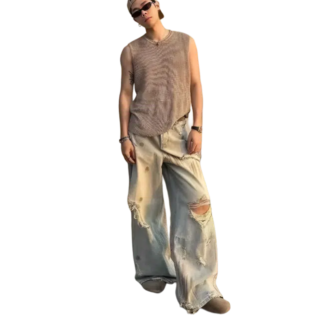 一碗士多 刷漆破洞水洗磨白做旧美式高街潮流痞帅拖地设计感宽松小众不对称复古屁直筒废土风牛仔裤 男女同款