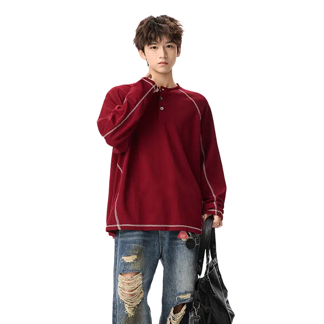 一碗士多 美式高街亨利领小众经典纯色百搭长袖明线设计感独特金属纽扣简约宽松通勤运动户外解构垂悬感卫衣 男女同款