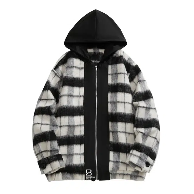 半空山 美式复古高街小香风撞色格子磨毛高级设计感学院风连帽夹克 男女同款