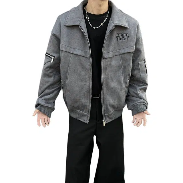 冈哉 美式复古翻领拉链装饰长袖机车伐木风宽松松弛慵懒感个性学院风日常通勤柔软舒适亲肤夹克 男女同款