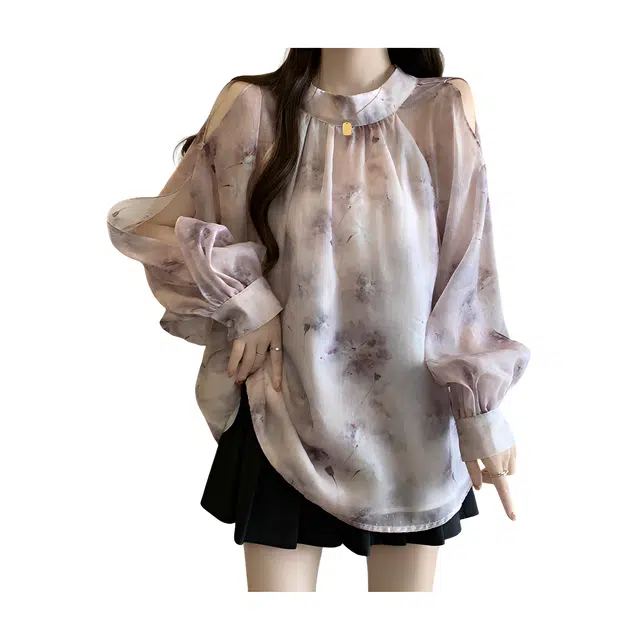 荟萃阁 露肩立领后背蝴蝶结泡泡袖碎花长袖衬衫 女款