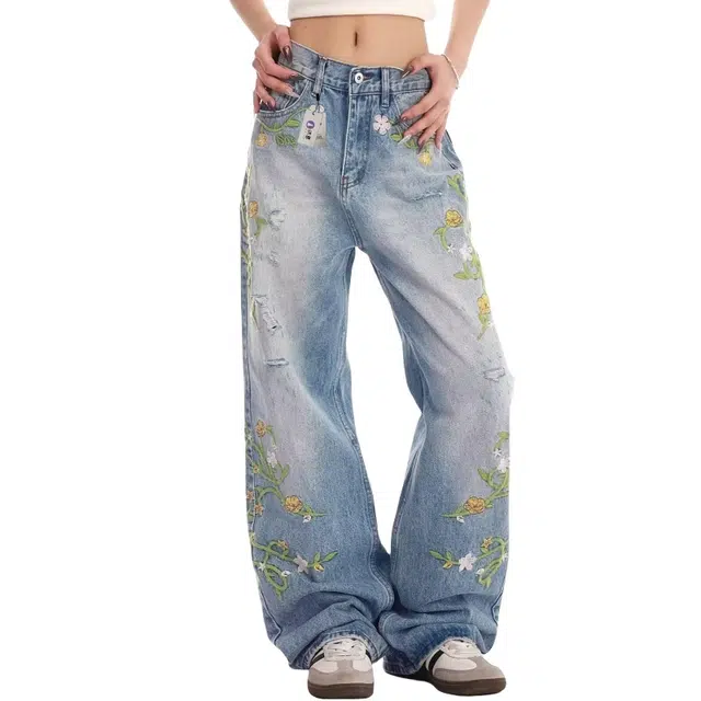 识恩 女宽松刺绣潮牌百搭直筒高腰显瘦休闲复古长裤子牛仔裤 女款