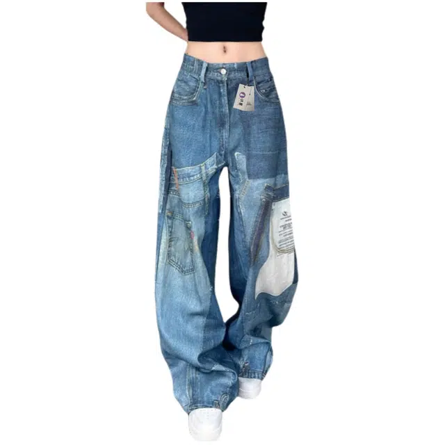 识恩 设计感补丁贴布拼接印花夏季美式辣妹阔腿拖地长裤牛仔裤 女款