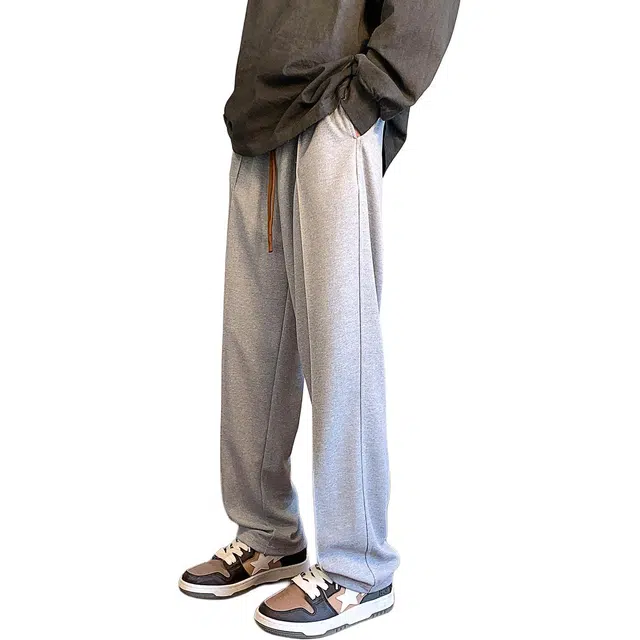 左岸 青少年港风帅气潮流纯色卫裤简约宽松柔软舒适透气直筒开叉阔腿裤垂感轻便长裤休闲裤 男款