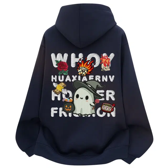 华夏儿女 美式重磅嘻哈卡通趣味幽灵火焰花卉仿刺绣立体印花日常时尚上衣长袖校园显眼外套情侣学生宽松柔软亲肤连帽套头卫衣 男女同款