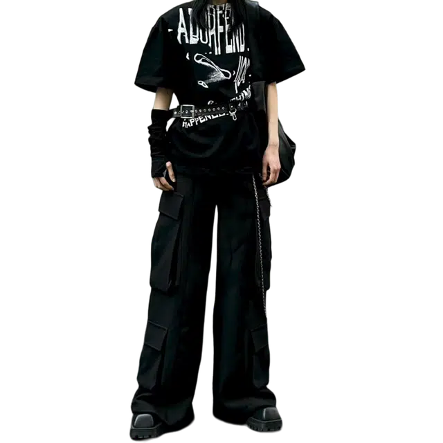 一碗士多 美式高街小众百搭机能解构廓形多口袋设计个性时尚宽松弯刀阔腿直筒舒适痞帅纯色通勤户外垂感拖地休闲裤 男女同款