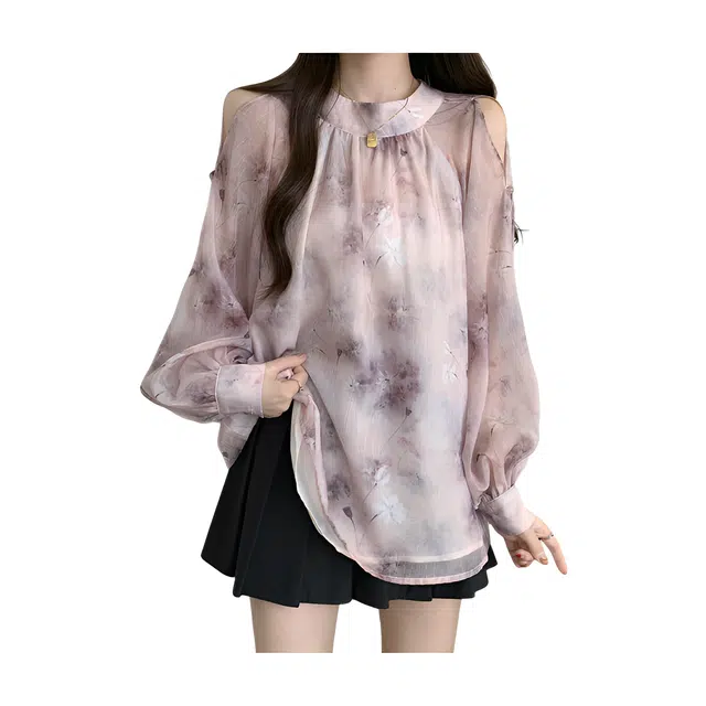 荟萃阁 露肩立领后背蝴蝶结泡泡袖碎花长袖衬衫 女款