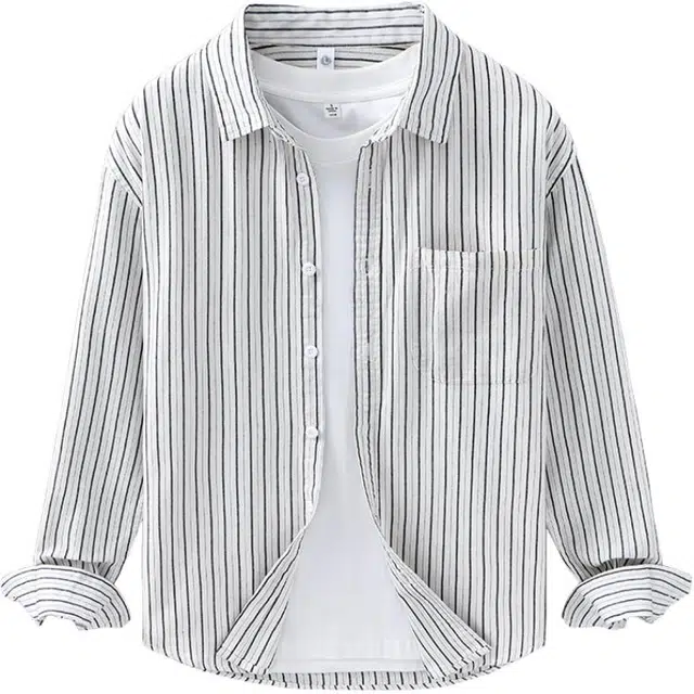 么宁 简约百搭纯棉条纹长袖衬衣潮流时尚舒适透气休闲外套文艺感宽松翻领上衣个性潮牌衬衫 男女同款