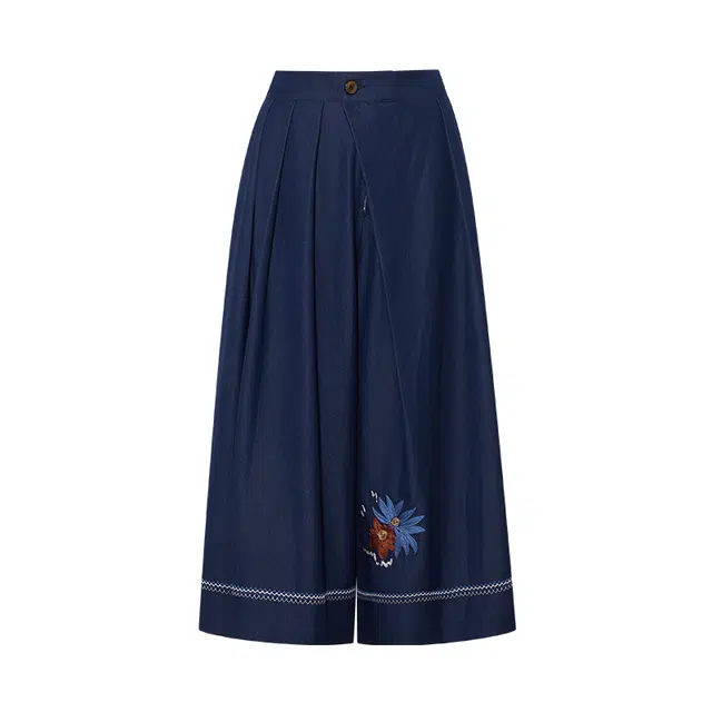 两三事 锦步生花 复古文艺个性时尚优雅大衣温柔气质宽松简约舒适百搭绣花阔腿长裤休闲裤 女款