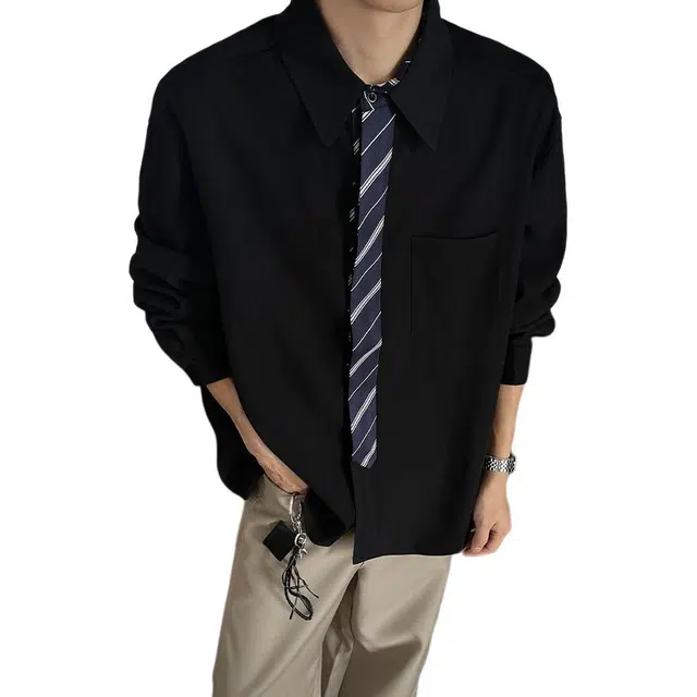 冈哉 美系假领带拼接设计简约格子宽松叠穿潮搭垂感痞帅少年感舒适打底内搭外穿秋款衬衫 男女同款