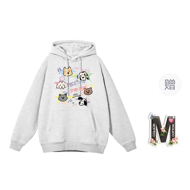 棉购 韩系卡通印花连帽上衣减龄休闲时尚潮流百搭基础款绒衫宽松卫衣 女款
