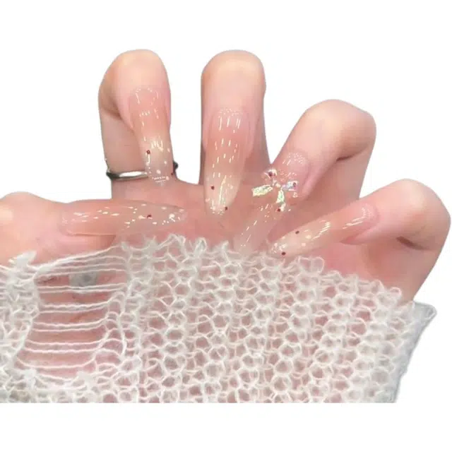 柚予颜 手工穿戴波点蝴蝶气质显白法式冰透芭乐猫眼高级美甲  长款裸色渐变 纯欲