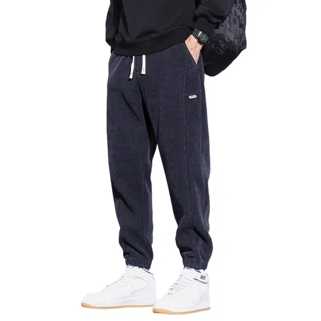 顶峰保罗 美式重磅加绒加厚潮牌弹力抽绳显高显瘦束脚哈伦卫裤无性别主义宽松大码运动长裤简约百搭高街休闲裤 男女同款