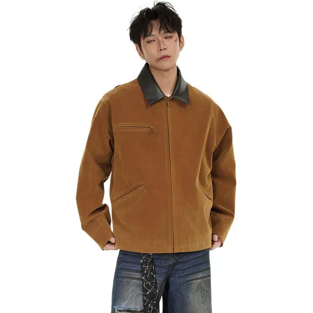 冈哉 美式复古翻领工装老钱风慵懒感个性学院风日常通勤柔软舒适亲肤飞行夹克  男女同款