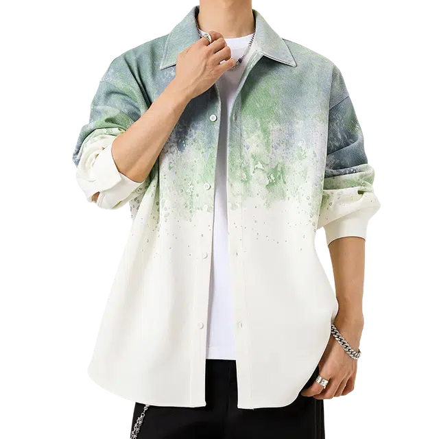 微牛 美式复古渐变扎染潮流百搭宽松休闲长袖外套衬衫 男款