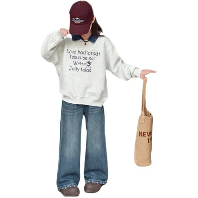 天才小熊休闲运动套装 女童春秋季牛仔领卫衣大童潮牌小孩衣服 小女孩短袖洋气时髦 舒适帅气轻便