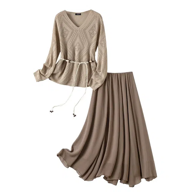 潞优野 优雅舒适波西米亚针织衫半身裙两件套女时尚秋季裙装套装 女款