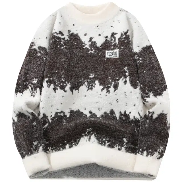 吾皇猫 美式复古学院风时尚刺绣小标无性别主义休闲宽松内搭套头圆领落肩不规则拼接拼色慵懒风氛围感加厚保暖针织雪貂绒毛衣 男女同款