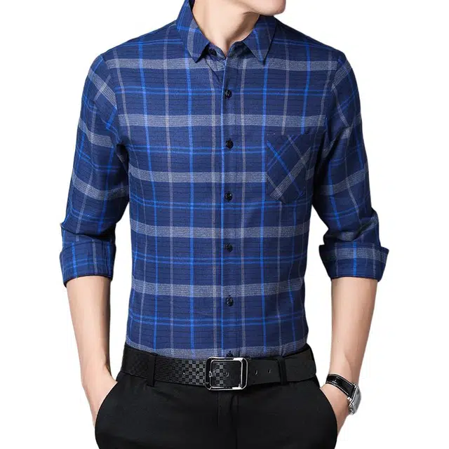 袋鼠 美式休闲文艺风经典款轻商务痞帅水洗衬衣外套修身大码翻领百搭正装长袖格子衬衫 男女同款