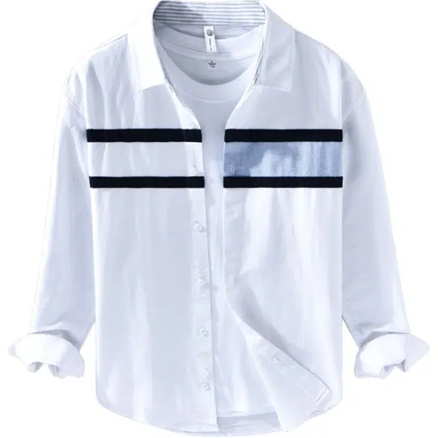 么宁 日系纯棉拼接长袖衬衣潮流时尚撞色设计感休闲外套简约百搭宽松翻领上衣舒适透气衬衫 男女同款