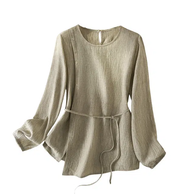 潞优野 简约知性圆领纯色麻感花纱收腰女秋季高级感小衫时尚休闲上衣长袖衬衫 女款