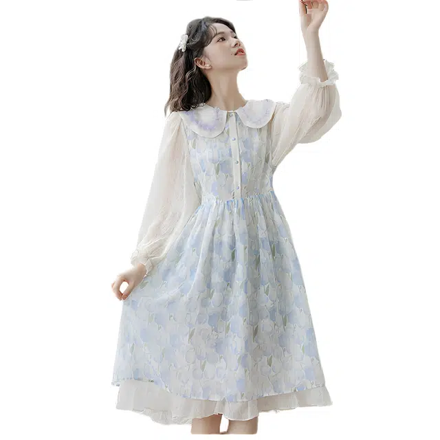 荟萃阁 郁金香碎花娃娃领女小个子甜美长袖连衣裙 女款