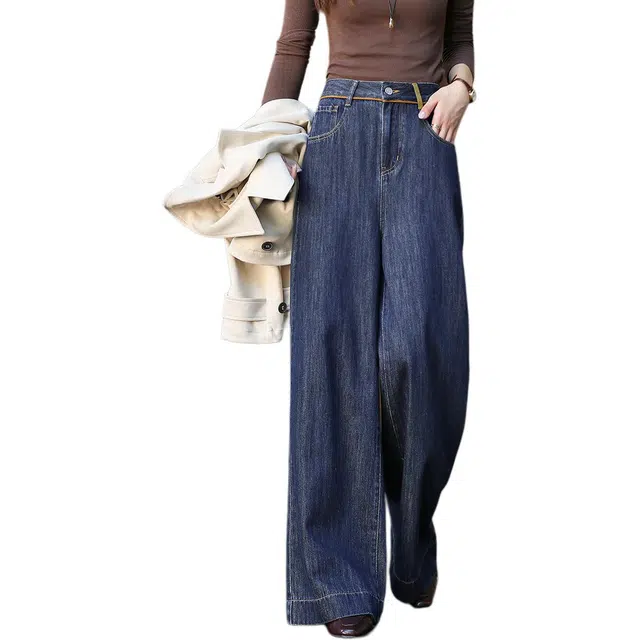 【dme】 秋季极简风中高腰撞色滚条直筒小个子阔腿复古垂感显瘦时尚百搭牛仔裤 女款