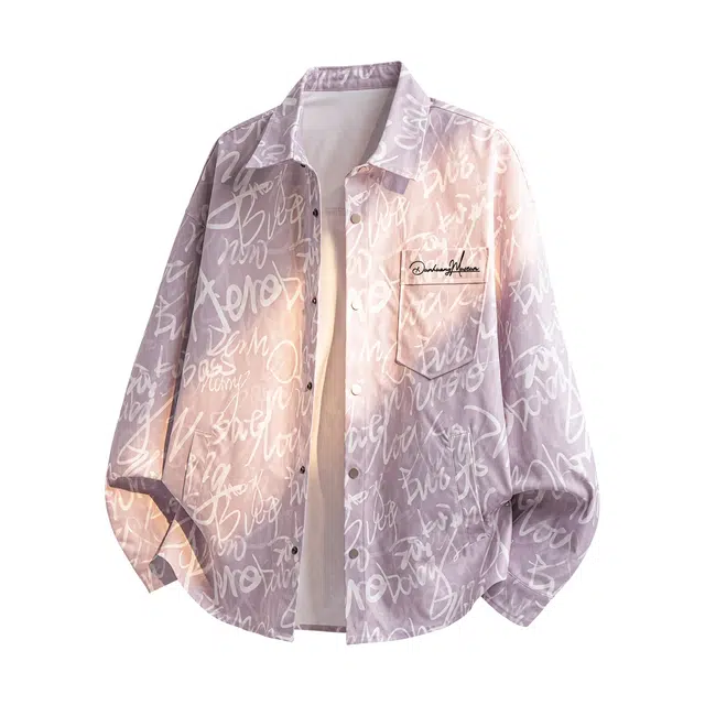敦煌博物馆 美式高街复古潮牌宽松翻领开衫学院风满印字母痞帅休闲时尚百搭大码长袖衬衫外套 男女同款