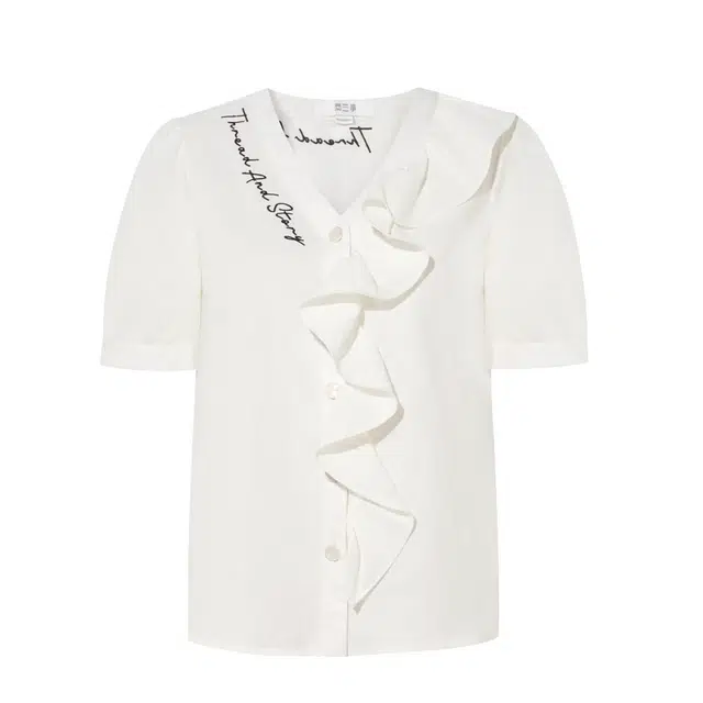 两三事 晨光折页法式刺绣荷叶边短袖衬衫 女款