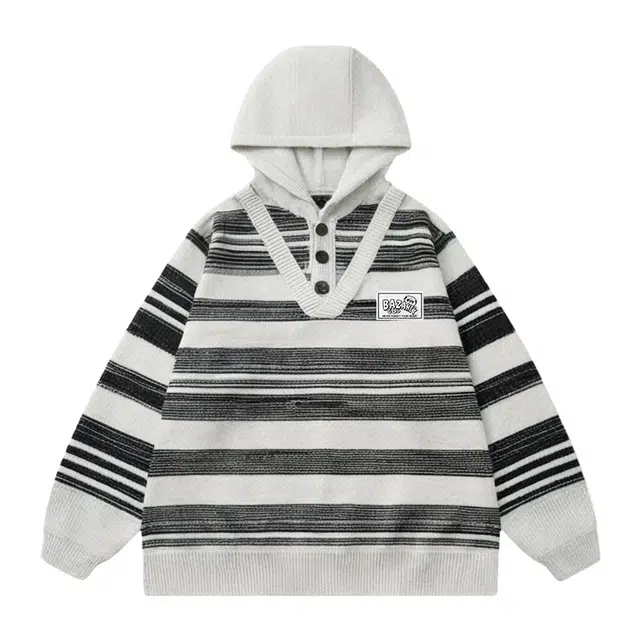 吾皇猫 慵懒风美式复古学院风无性别主义宽松时尚拼色条纹连帽套头外套落肩舒适透气加厚保暖秋冬季休闲针织衫 男女同款