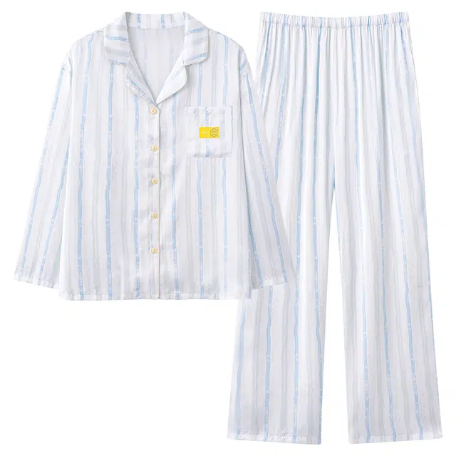 宫蝶 柔软冰丝长袖家居服宽松简约条纹休闲可外穿开衫睡衣套装 男女同款